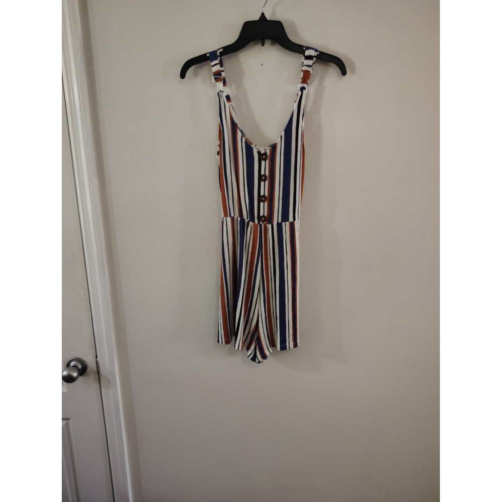 Love Tree Womens Striped Romper Blue Orange White Sleeveless Button Front Large